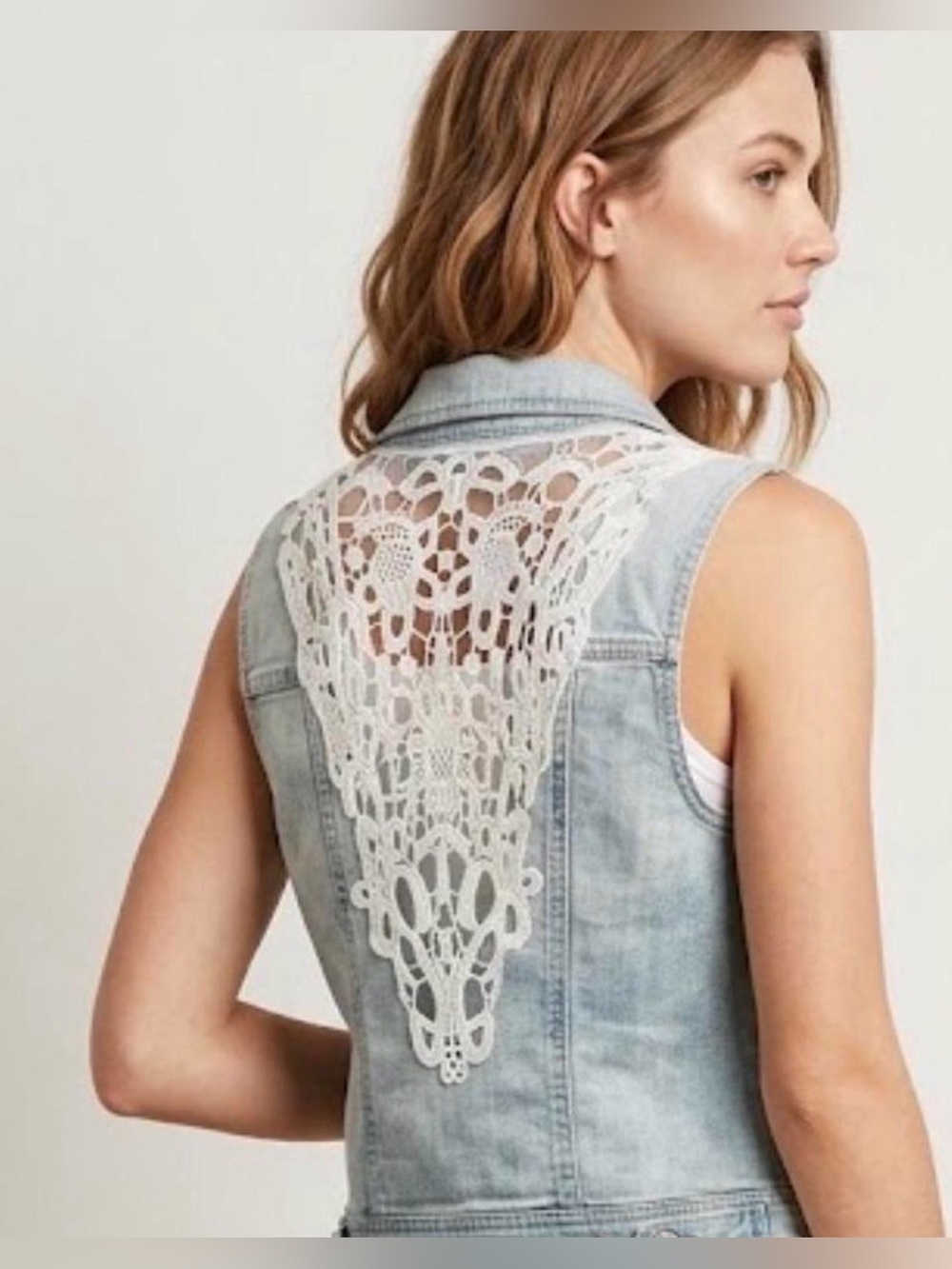 Anthropologie Pilcro & The Letterpress Denim Vest Small Crochet Lace Back